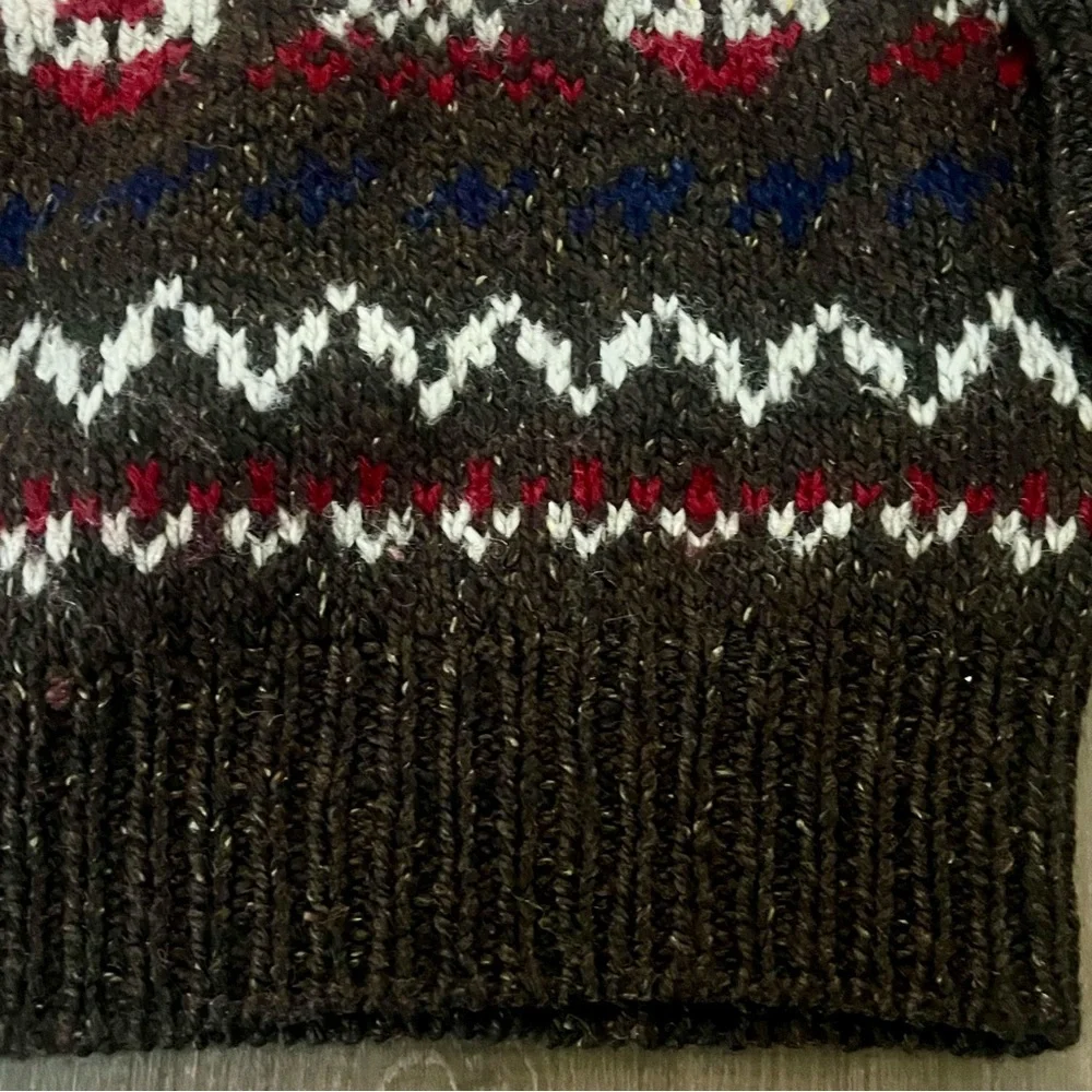 Vintage Wool Sweater Brown/Red Men Medium Fair Isle Nordic Thick Knit Snowflakes
